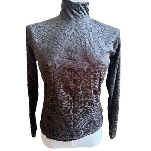 Vintage Frazier Lawrence Black Velvet Burnout Mock Neck Long Sleeve Top Women  M